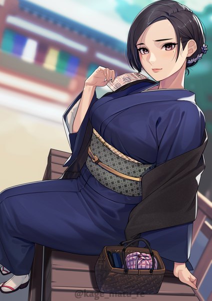 Anime picture 2026x2865 with original kagematsuri single tall image looking at viewer fringe highres short hair black hair sitting holding brown eyes signed outdoors traditional clothes japanese clothes blurry mole wide sleeves arm support