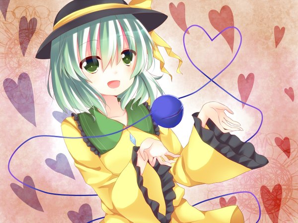 Anime picture 1500x1121 with touhou komeiji koishi ikeda hazuki short hair open mouth green eyes green hair heart of string girl dress hat heart