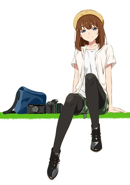 Anime picture 800x1131 with original saitoyu00 single long hair tall image looking at viewer fringe blue eyes simple background smile brown hair white background sitting bent knee (knees) leg lift (legs lift) girl hat pantyhose shorts boots