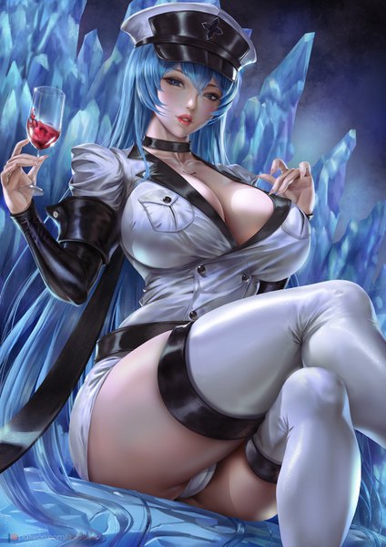 Anime picture 2400x3395 with akame ga kill! white fox esdeath lexaiduer single long hair tall image looking at viewer blush fringe highres breasts blue eyes light erotic hair between eyes sitting holding blue hair cleavage parted lips