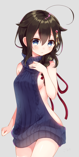 Anime picture 605x1200 with kantai collection shigure destroyer emilion single long hair tall image looking at viewer blush fringe blue eyes light erotic black hair simple background hair between eyes ahoge braid (braids) grey background sideboob single braid hand on chest