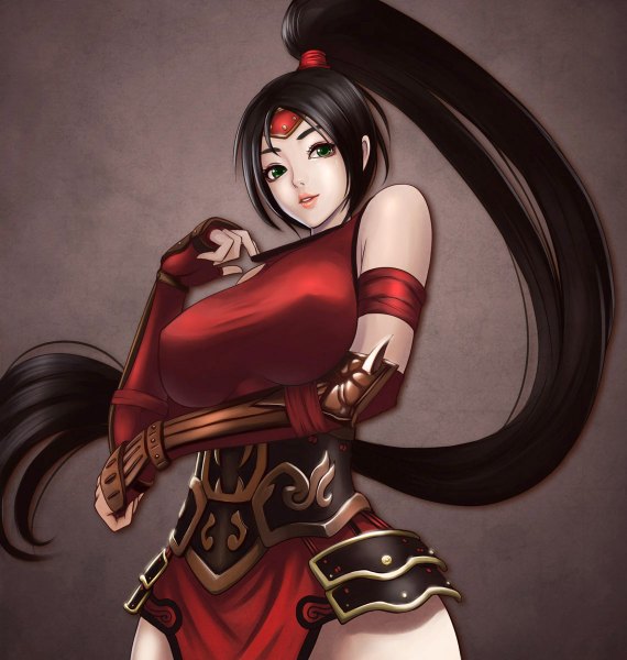 Anime picture 1140x1200 with league of legends akali (league of legends) seiryu zaiten single long hair tall image looking at viewer breasts light erotic black hair large breasts green eyes nipples ponytail lips girl