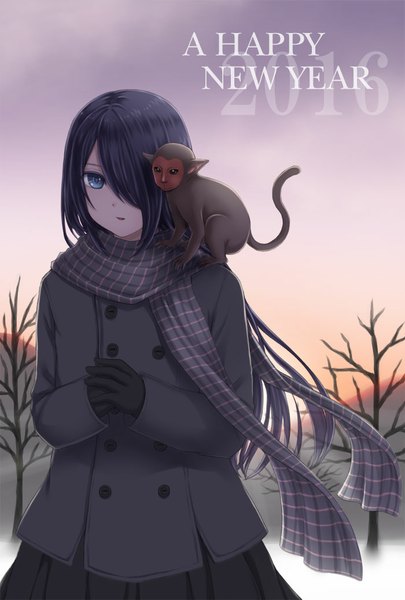 Anime picture 700x1036 with original nekoyanagi reo single long hair tall image looking at viewer fringe blue eyes black hair hair over one eye new year happy new year animal on shoulder girl gloves plant (plants) animal tree (trees) black gloves jacket