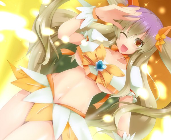 Anime picture 1100x899 with futari wa pretty cure myoudouin itsuki cure sunshine long hair breasts open mouth light erotic large breasts twintails yellow eyes one eye closed grey hair wink girl navel miniskirt