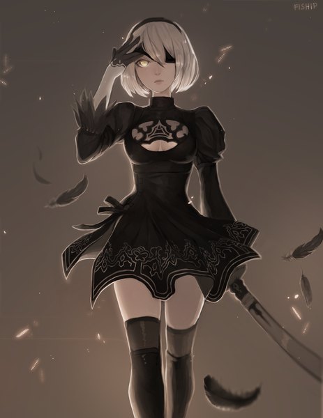 Anime picture 1280x1656 with nier nier:automata yorha no. 2 type b matilda vin single tall image looking at viewer fringe short hair simple background holding signed yellow eyes silver hair mole zettai ryouiki puffy sleeves gradient background cleavage cutout mole under mouth