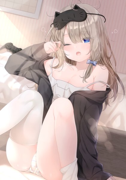 Anime picture 2057x2934 with original mafuyu (chibi21) single long hair tall image looking at viewer blush fringe highres breasts open mouth blue eyes light erotic hair between eyes brown hair sitting cleavage ahoge indoors long sleeves
