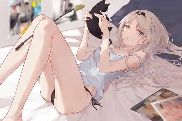 Anime picture 3600x2400 with girls frontline an-94 (girls frontline) lunaplum single long hair looking at viewer fringe highres blue eyes light erotic blonde hair holding absurdres bent knee (knees) indoors lying blurry bare legs on back depth of field