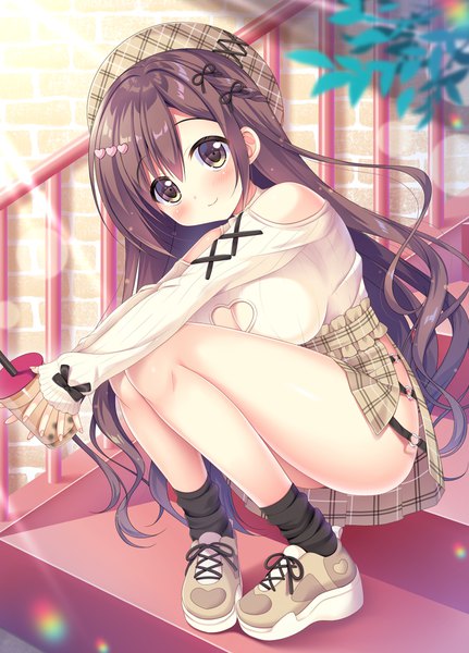 Anime picture 863x1200 with original yuyumatsu single long hair tall image looking at viewer blush fringe breasts light erotic smile hair between eyes brown hair sitting bare shoulders holding brown eyes payot full body bent knee (knees)