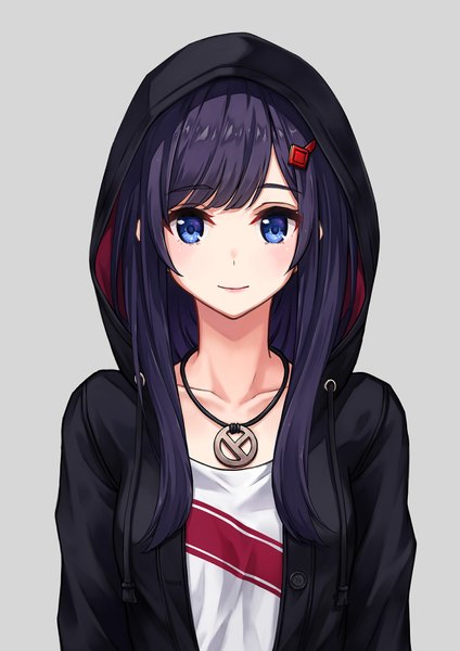 Anime picture 1181x1670 with original hoodier single long hair tall image looking at viewer fringe blue eyes black hair simple background upper body light smile girl jacket hairclip pendant hood hoodie