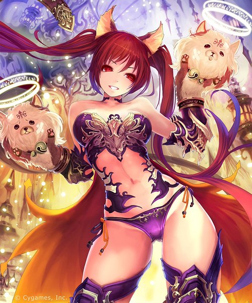 Anime picture 667x800 with shingeki no bahamut cerberus (shingeki no bahamut) tachikawa mushimaro (bimo) single long hair tall image looking at viewer highres light erotic smile red eyes twintails absurdres red hair midriff girl dress navel animal dog