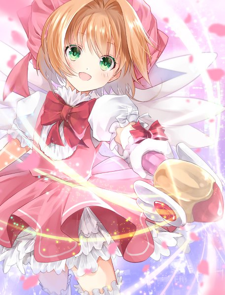 Anime picture 914x1200 with card captor sakura clamp kinomoto sakura iroha (shiki) single tall image looking at viewer short hair open mouth brown hair green eyes :d puffy sleeves outstretched arm magic magical girl girl dress hat petals
