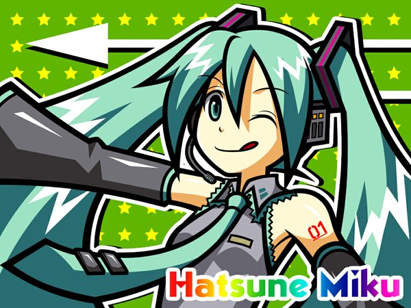 Anime picture 1024x768 with vocaloid hatsune miku green eyes green hair girl necktie tongue