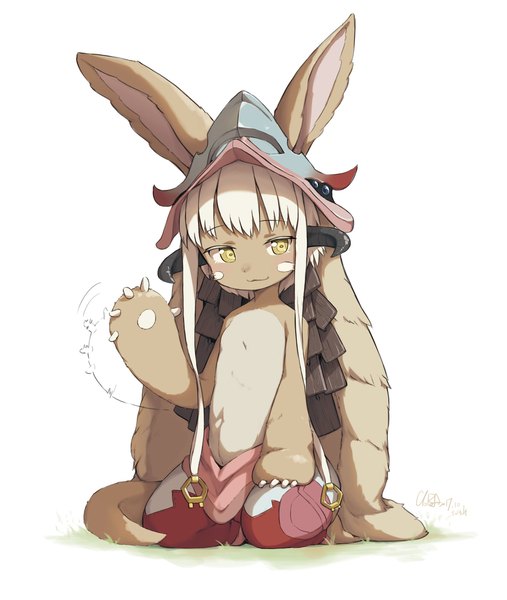 Anime picture 1610x1906 with made in abyss kinema citrus nanachi (made in abyss) cloba single tall image looking at viewer short hair simple background smile white background sitting signed animal ears yellow eyes white hair horn (horns) dated seiza waving