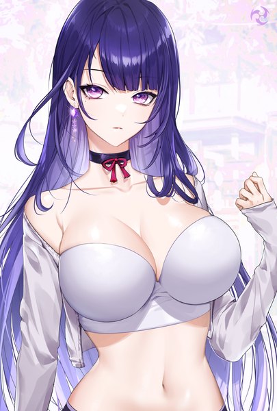 Anime picture 2756x4078 with genshin impact raiden shogun clearpage single long hair tall image looking at viewer fringe highres breasts light erotic large breasts standing purple eyes bare shoulders purple hair upper body blunt bangs long sleeves off shoulder