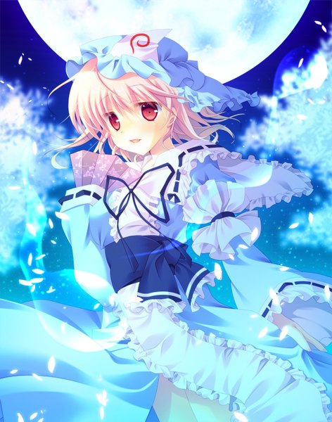 Anime picture 1200x1525 with touhou saigyouji yuyuko moi (licoco) single tall image looking at viewer blush short hair open mouth red eyes pink hair girl dress petals frills moon bonnet fan