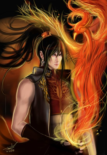 Anime picture 1713x2480 with original nokky single long hair tall image highres blue eyes black hair signed ponytail magic boy earrings animal fingerless gloves bird (birds) fire phoenix