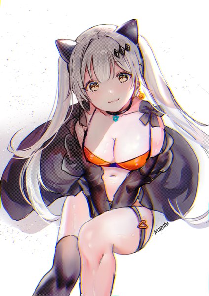Anime picture 759x1075 with girls frontline five-seven (girls frontline) mirutulove single long hair tall image looking at viewer blush fringe breasts light erotic simple background smile hair between eyes large breasts white background sitting twintails signed animal ears