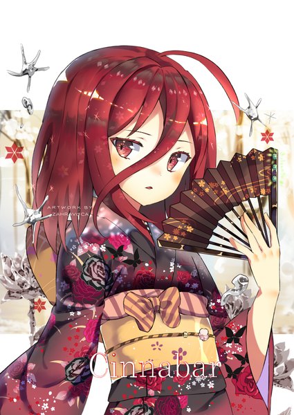 Anime picture 700x989 with houseki no kuni cinnabar (houseki no kuni) zahravoca (annpratamav) single long hair tall image looking at viewer blush fringe simple background hair between eyes red eyes white background holding signed ahoge upper body red hair traditional clothes parted lips