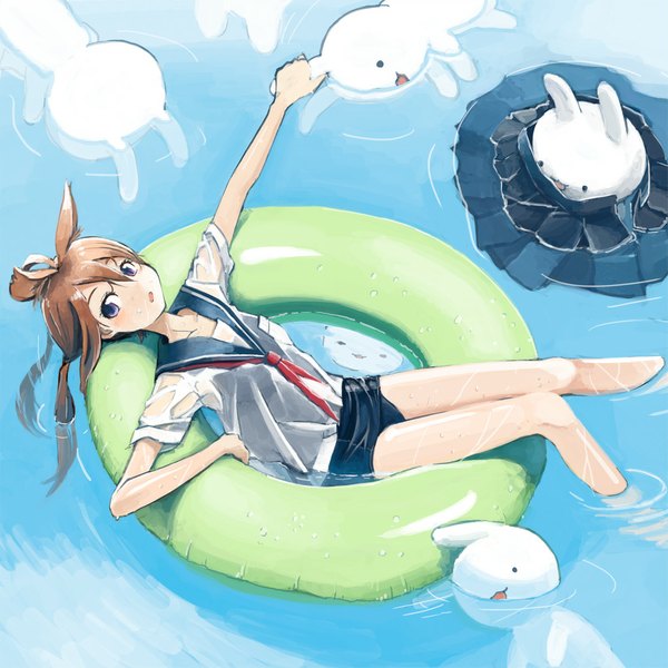 Anime picture 1024x1024 with original kimura-san (kimura daisuke) kusakabe (artist) single long hair looking at viewer blush fringe open mouth brown hair purple eyes holding lying pleated skirt from above wet wet clothes afloat swimming girl