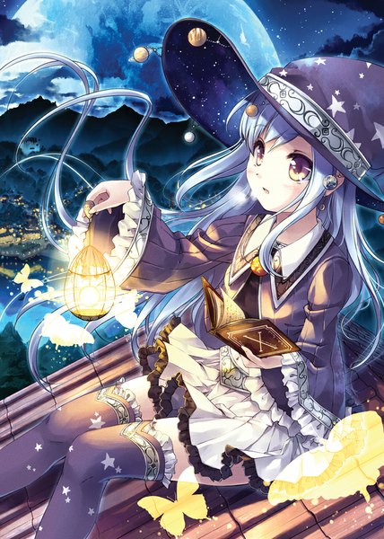 Anime picture 758x1063 with original miyase mahiro single long hair tall image yellow eyes silver hair night girl thighhighs dress black thighhighs book (books) insect butterfly moon witch hat