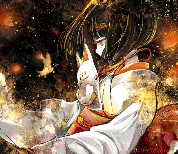 Anime picture 1000x865 with original koto2 single fringe short hair black hair signed yellow eyes traditional clothes japanese clothes profile tears girl kimono insect butterfly mask fox mask