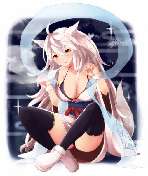 Anime picture 677x800 with original nemunemu (bluelight5) single tall image looking at viewer breasts light erotic animal ears white hair tail very long hair animal tail grey hair orange eyes girl thighhighs underwear panties black thighhighs lingerie