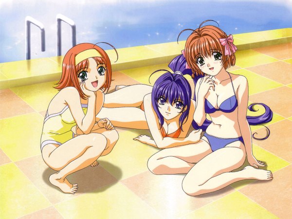 Anime picture 1280x963 with kimi ga nozomu eien suzumiya haruka hayase mitsuki suzumiya akane long hair short hair blue eyes light erotic sitting multiple girls blue hair ahoge barefoot soles squat yokozuwari girl swimsuit bikini 3 girls