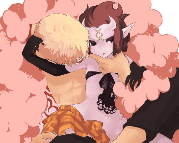 Anime picture 1250x1000 with one piece toei animation donquixote doflamingo gecko moria otaki55 short hair blonde hair brown eyes red hair horn (horns) pointy ears open clothes hug genderswap hug from behind thighhighs boy skirt gloves black thighhighs