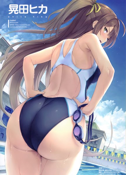 Anime picture 2463x3426 with original akita hika single long hair tall image looking at viewer blush fringe highres breasts open mouth light erotic hair between eyes brown hair standing bare shoulders holding signed yellow eyes payot