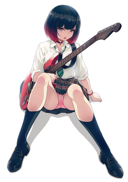 Anime picture 1000x1414 with iya na kao sare nagara opantsu misete moraitai original tagme (character) 40hara single tall image looking at viewer fringe short hair open mouth light erotic black hair simple background white background sitting purple eyes full body red hair blunt bangs pleated skirt