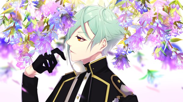 Anime picture 4500x2500 with touken ranbu nitroplus hizamaru (touken ranbu) motsuni (lxxe1120) single fringe highres short hair red eyes wide image looking away absurdres profile hair over one eye aqua hair boy gloves flower (flowers) petals black gloves