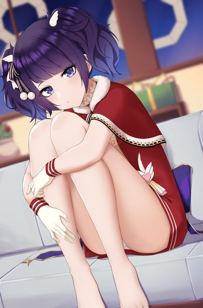 Anime picture 2838x4299 with idolmaster idolmaster shiny colors tanaka mamimi anhun single tall image looking at viewer blush fringe highres short hair light erotic sitting purple eyes twintails payot purple hair bent knee (knees) indoors blunt bangs