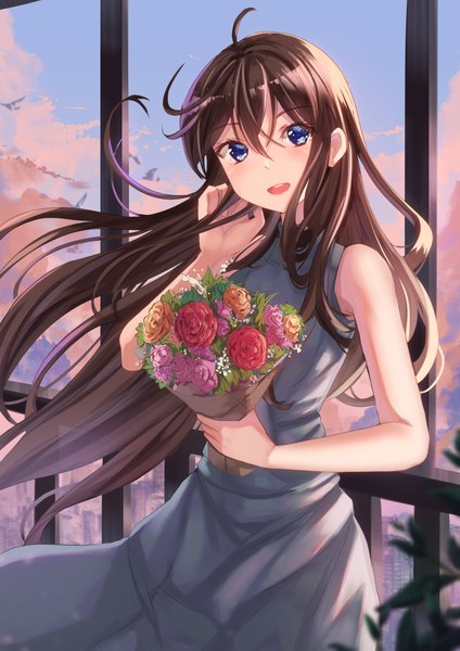 Anime picture 2894x4093 with original holmemee single long hair tall image looking at viewer blush fringe highres open mouth blue eyes smile hair between eyes brown hair standing bare shoulders holding payot sky cloud (clouds)