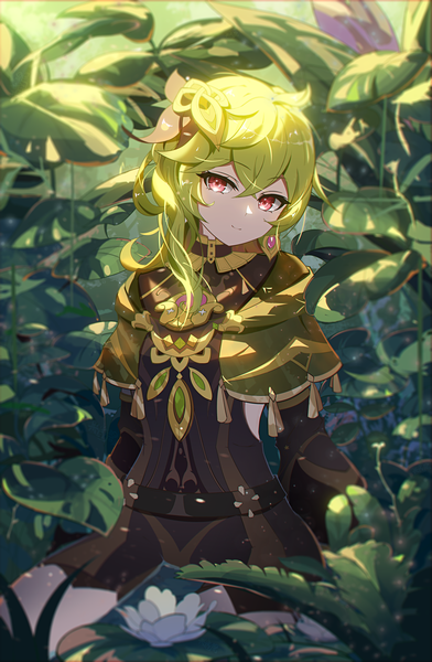 Anime picture 1654x2534 with genshin impact collei (genshin impact) zhuchengbi single long hair tall image looking at viewer fringe smile hair between eyes red eyes sitting outdoors green hair turning head girl plant (plants)