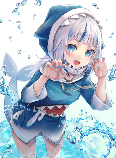 Anime picture 1698x2313 with virtual youtuber hololive hololive english gawr gura gawr gura (1st costume) pi tayuko single long hair tall image looking at viewer open mouth blue eyes silver hair tail nail polish :d multicolored hair teeth streaked hair sharp teeth