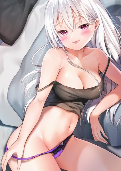 Anime picture 2894x4093 with original yoshida iyo single long hair tall image looking at viewer blush fringe highres breasts light erotic hair between eyes large breasts cleavage silver hair indoors lying pink eyes sunlight on side