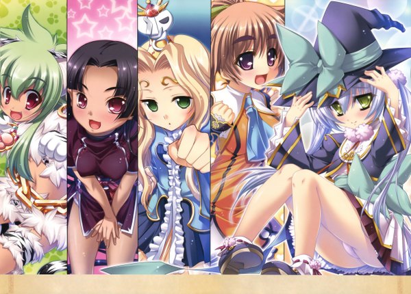 Anime picture 4862x3485 with koihime musou doga kobo moukaku batai houtou teiiku tora (koihime musou) katagiri hinata blush highres light erotic blonde hair red eyes brown hair green eyes animal ears blue hair green hair scan cat girl