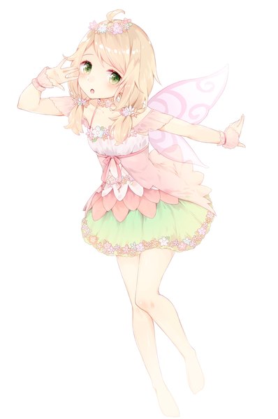 Anime picture 1180x1780 with idolmaster idolmaster cinderella girls idolmaster cinderella girls starlight stage yusa kozue manatsuki manata single long hair tall image looking at viewer open mouth simple background blonde hair white background twintails green eyes full body ahoge barefoot arm up hair flower