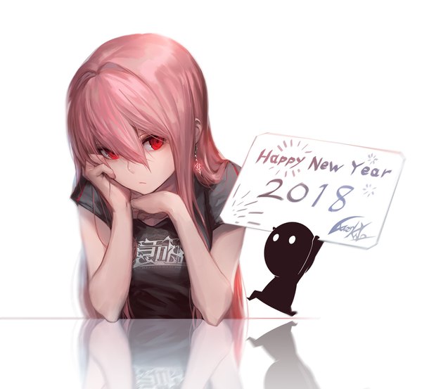 Anime picture 1408x1300 with original luen kulo single long hair looking at viewer blush fringe simple background hair between eyes red eyes white background holding signed pink hair upper body reflection new year clothes writing happy new year hand on cheek