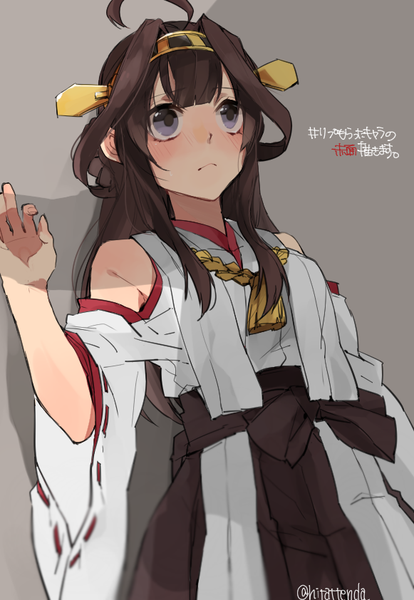 Anime picture 581x842 with kantai collection kongou battleship hita (hitapita) single long hair tall image blush fringe simple background brown hair bare shoulders signed ahoge traditional clothes japanese clothes grey background grey eyes text looking up nontraditional miko