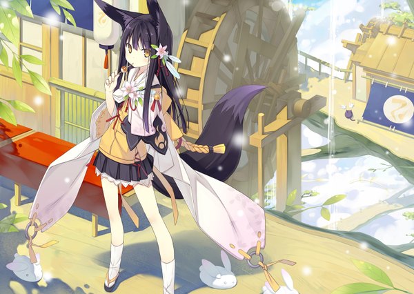 Anime picture 1500x1066 with original kuromitsu nene poco (asahi age) single long hair highres black hair animal ears yellow eyes tail braid (braids) hair flower legs girl skirt hair ornament flower (flowers) water food sweets