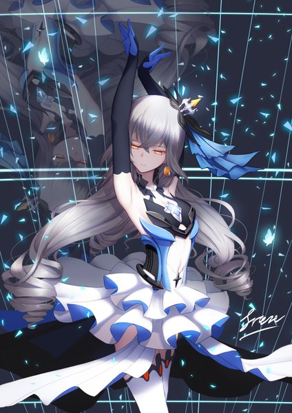 Anime picture 2480x3508 with honkai impact 3rd honkai (series) bronya zaychik bronya zaychik (herrscher of reason) freze single long hair tall image fringe highres hair between eyes standing bare shoulders signed yellow eyes parted lips grey hair arms up armpit (armpits) drill hair