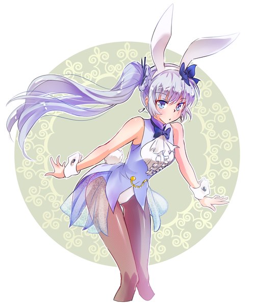 Anime picture 2000x2400 with rwby rooster teeth weiss schnee iesupa single long hair tall image looking at viewer highres blue eyes simple background animal ears silver hair tail animal tail leaning bunny ears leaning forward sleeveless side ponytail