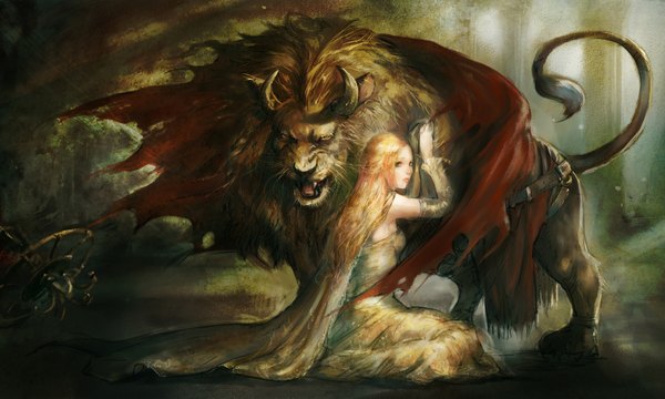 Anime picture 1800x1080 with original hage2013 long hair highres blonde hair wide image sitting green eyes horn (horns) realistic teeth fang (fangs) girl dress detached sleeves animal monster lion manticore