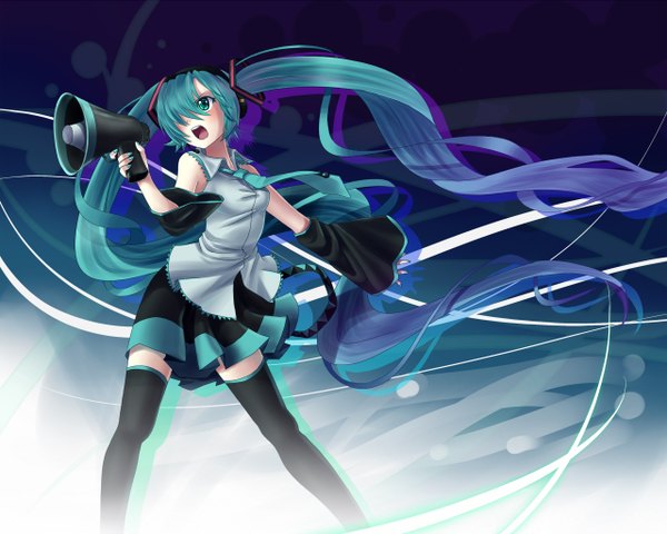 Anime picture 1280x1024 with vocaloid hatsune miku single blush fringe open mouth standing twintails holding looking away purple hair very long hair nail polish multicolored hair aqua eyes wind hair over one eye aqua hair two-tone hair gradient hair