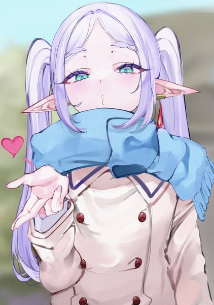 Anime-Bild 2000x2846 mit sousou no frieren frieren mile (off8mile) single long hair tall image looking at viewer highres twintails green eyes silver hair upper body pointy ears eyebrows elf double buttons meme blown kiss frieren blowing a kiss (meme) girl