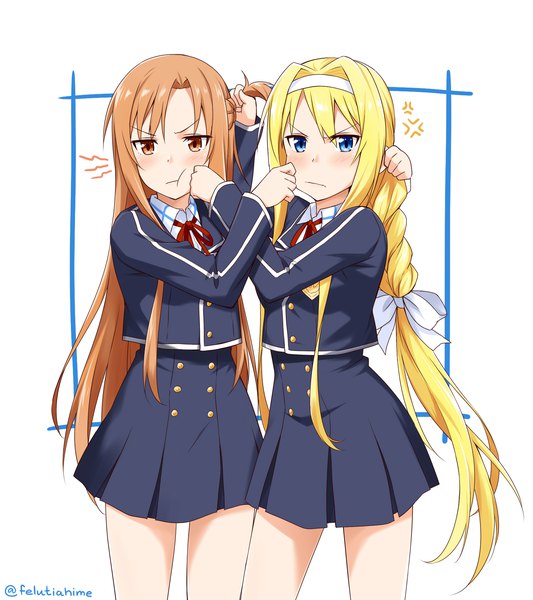 Anime picture 1600x1800 with sword art online sword art online: alicization a-1 pictures yuuki asuna alice zuberg felutiahime long hair tall image looking at viewer blush fringe blue eyes simple background blonde hair hair between eyes brown hair standing white background multiple girls brown eyes