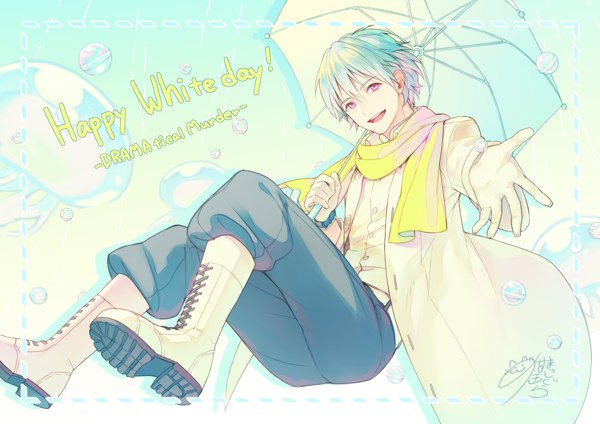 Anime picture 1200x848 with dramatical murder nitro+chiral clear (dmmd) nekokan masshigura single looking at viewer short hair open mouth signed pink eyes aqua hair copyright name lacing outstretched hand dotted line white day boy gloves white gloves scarf
