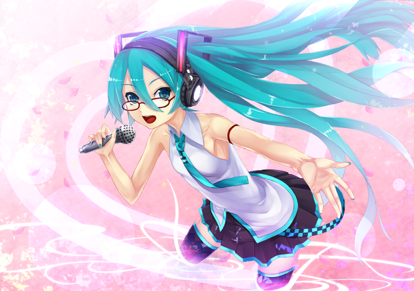Anime picture 1500x1058 with vocaloid hatsune miku kawasaki kana single looking at viewer open mouth twintails very long hair aqua eyes aqua hair girl thighhighs skirt black thighhighs miniskirt petals glasses headphones vest microphone