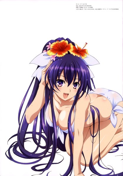Anime picture 2846x4085 with date a live nyantype yatogami tooka single long hair tall image looking at viewer blush highres breasts open mouth light erotic white background purple eyes purple hair ponytail hair flower official art girl hair ornament
